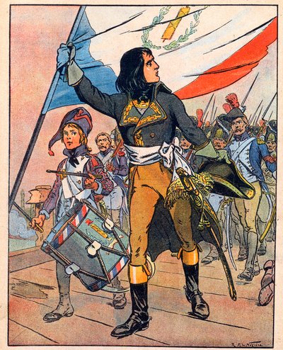 Første italienske felttog: Napoleon Bonaparte (1769-1821) i slaget ved Arcole-broen, november 1796" fra "Nos-Gloires-Nationales" ca. 1920 (kobberstik). af Raymond de la Neziere