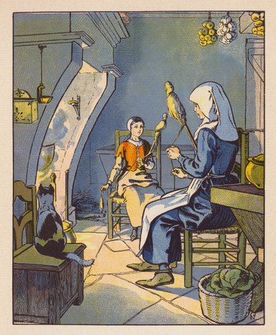 Jeanne A Domremy Avec Sa Mere (farvelitografi) af Raymond de la Neziere