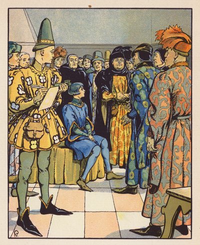 Jeanne foran de teologiske doktorer i Poitiers (farvelitografi) af Raymond de la Neziere