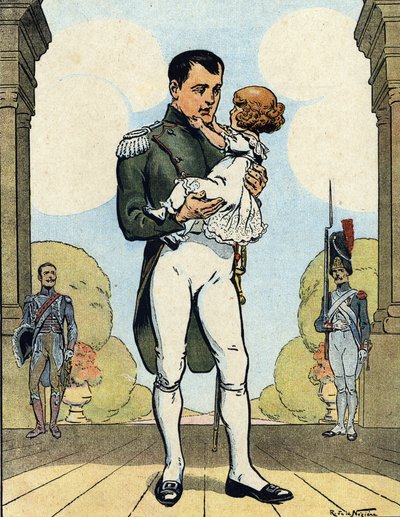 Portræt af kejser Napoleon I (1769-1821) med sin søn Aiglon (1811-1832) (konge af Rom Napoleon II, hertug af Reichstadt) (den franske kejser Napoleon I med sin søn Napoleon II) Illustration af Raymond de Neziere i "Our-Glories-Nationales" 1920 DR Pri af Raymond de la Neziere