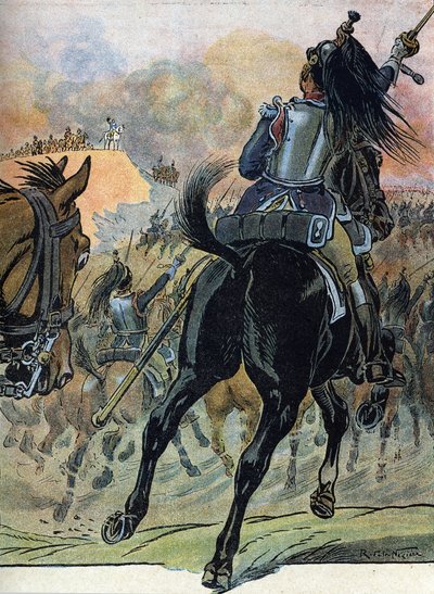Den femte koalitions krig: "Slaget ved Wagram (5.-6. juli 1809)" (Napoleonskrig: Slaget ved Wagram (5.-6. juli 1809)) Illustration af Raymond de Neziere i "Our-Glories-Nationals" 1920 DR Privat samling af Raymond de la Neziere