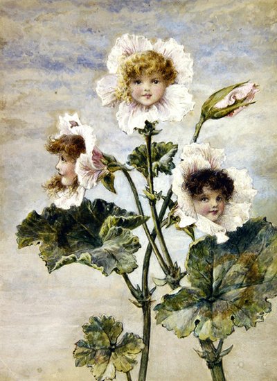 Geranium & Sweet Pea - Blomsterbørn - et par (akvarel & kropsfarve på papir) af Rebecca Coleman