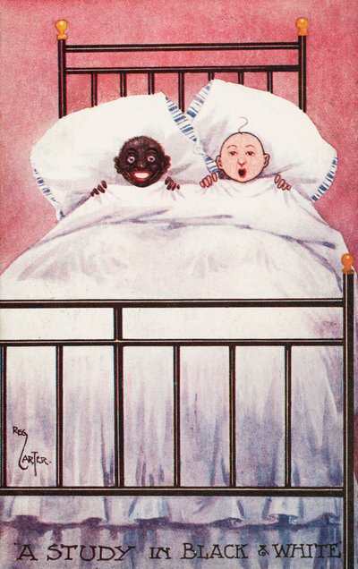 Sorte og hvide børn i en seng (farve litho) af Reg Carter
