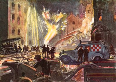 Brandmænd fra krigstidens British National Fire Service, der beskæftiger sig med en brændende gasledning under Blitz, Anden Verdenskrig af Reginald Mills