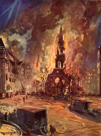 St Clement Danes Church, Strand, London, i brand under Blitz, Anden Verdenskrig af Reginald Mills