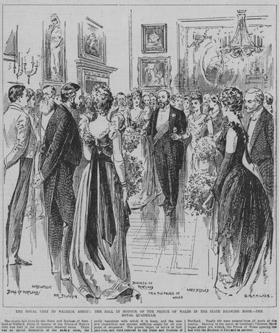 Danser den kongelige kvadrille ved ballet til ære for prinsen af Wales i statssalonen på Welbeck Abbey, Nottinghamshire. af Reginald Thomas Cleaver