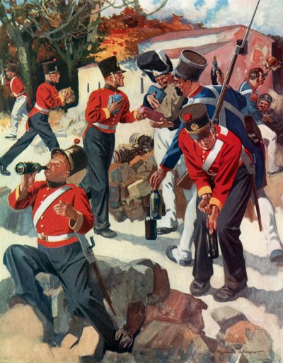 Entente Cordiale - engelske og franske tropper deler gaver under Wellingtons felttog på halvøen (farvelitografi) af Reginald Thomas Cleaver