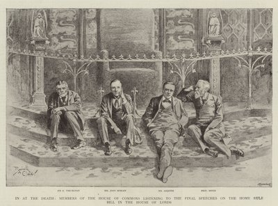 In at the Death, medlemmer af Underhuset lytter til de sidste taler om Home Rule Bill i Overhuset (kobberstik). af Reginald Thomas Cleaver