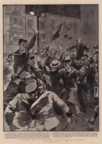 "Mafeking Day" i Portsmouth, Commercial Road om natten (litografi) af Reginald Thomas Cleaver