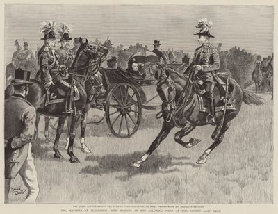 Dronning Victoria på salutpladsen ved gennemgangen i sidste uge (kobberstik) af Reginald Thomas Cleaver