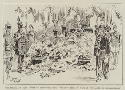 Begravelsen af hertug Ernest af Sachsen-Coburg-Gotha, hvor liget ligger på slottet i Reinhardsbrunn (stik) af Reginald Thomas Cleaver