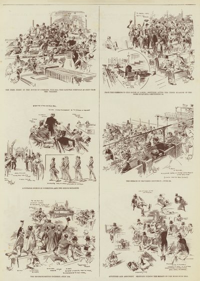 Hjemmestyre-sessionen, nogle "Daily Graphic"-skitser i parlamentet (kobberstik) af Reginald Thomas Cleaver