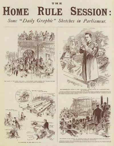 Hjemmestyre-sessionen, nogle "Daily Graphic"-skitser i parlamentet (kobberstik) af Reginald Thomas Cleaver