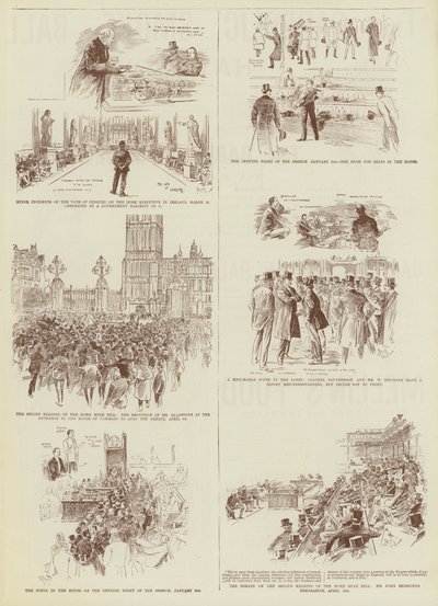 Hjemmestyre-sessionen, nogle "Daily Graphic"-skitser i underhuset (kobberstik) af Reginald Thomas Cleaver