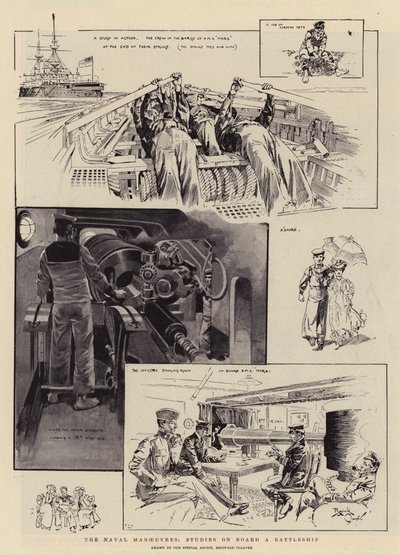 Flådens manøvrer, studier om bord på et slagskib (litografi) af Reginald Thomas Cleaver