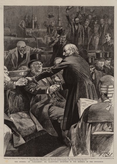 Åbningen af parlamentet, hr. Gladstones modtagelse af oppositionens medlemmer (kobberstik) af Reginald Thomas Cleaver