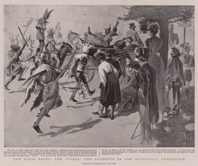 Festerne i Paris, "fjolserne" og de studerende i den historiske procession (litografi) af Reginald Thomas Cleaver