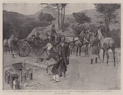 Dronningen i Cimiez, Hendes Majestæt drikker te i vejkanten under en eftermiddagstur til Falicon (litografi) af Reginald Thomas Cleaver
