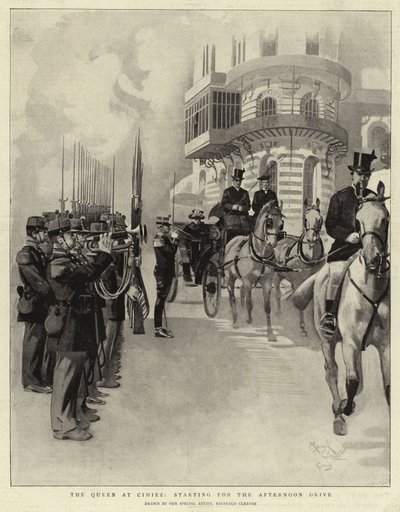 Dronningen ved Cimiez, på vej ud på eftermiddagsturen (litografi) af Reginald Thomas Cleaver