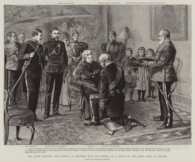 Dronningen investerer Lord Russell af Killowen med insignierne for en ridder af storkorset ved Osborne (gravering) af Reginald Thomas Cleaver