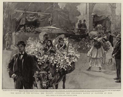 Dronningen på Rivieraen, Hendes Majestæt deltager i børnenes blomsterslag i Nice (litografi) af Reginald Thomas Cleaver