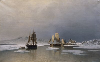 Sejlskibe på frossen fjord (olie på lærred) af Reinholdt Boll