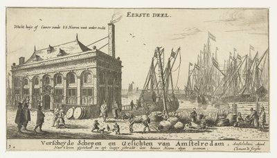 Amsterdams havn med vagthuset Wacht huÿs of camer vande EE Heeren vant water-recht (titel på objekt) Forskellige skibe og bybilleder i Amsterdam, første del (serietitel) Første del. Forskellige skibe og seværdigheder i Amstelredam, af Reinier Nooms