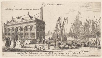 Udsigt over Amsterdams havn med vandmyndighedens kontor (titelside) af Reinier Nooms, called Zeeman