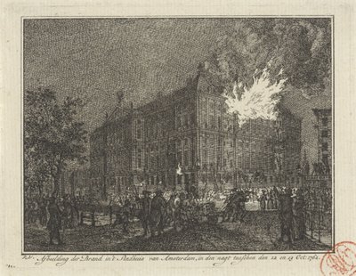 Brand i Amsterdams rådhus, 1762 Afbildning af branden i Amsterdams rådhus, om natten mellem 12. og 13. oktober: 1762 (titel på objekt) af Reinier Vinkeles (I)