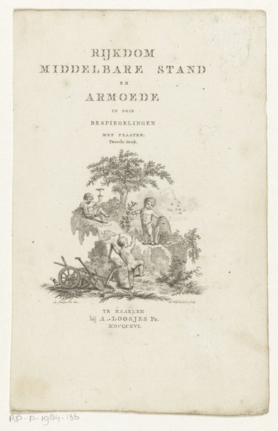 Tre putti med attributter i et bjerglandskab Titelside for: Adriaan Pietersz. Loosjes, Middelklassens rigdom og fattigdom i tre refleksioner, 1816 af Reinier Vinkeles (I)