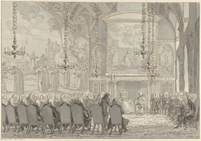 Modtagelse af Prins William V og Wilhelmina af Preussen i Rådhuset i Amsterdams rådhus af Reinier Vinkeles (I)