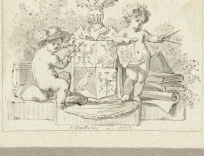 To putti, med kompas og aesculap, ved Schoemaker-familiens våbenskjold af Reinier Vinkeles (I)
