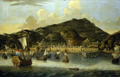 Hollandske skibe ud for Tripolis (Libyen) kyst med havnens og byens befæstede mure. Oliemaleri af Reinier Nooms (1623-1667). af Reinier Zeeman