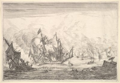 Søslag med en engelsk skibsgrundlægger til venstre, fra Naval Battles Nieuwe Sc..., 1652-54. af Reinier Zeeman