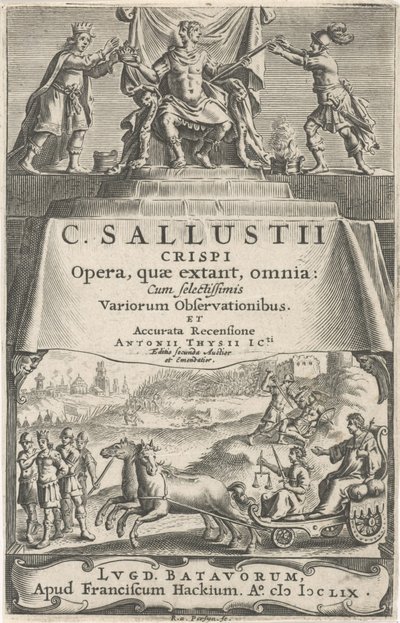 En kejser og retfærdighed på triumfvogn Titelblad for: A. Thysius jr., Opera, quæ extant, omnia, 1659 af Reinier van Persijn