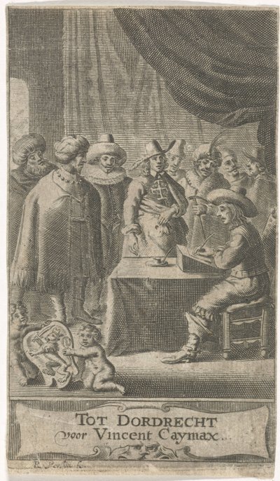 Købmand ved skrivebordet Titelblad for: J. van der Does e.a., Verscheyde voyagien, ofte reysen, 1652 af Reinier van Persijn