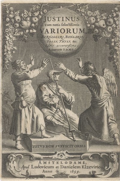 Minerva en twee geketende figurer Titelside for: A. Thysius, Justinus cum notis selectissimis variorum Berneggerj, Bongarsy, Vossy, Thysy, &c, 1659 af Reinier van Persijn