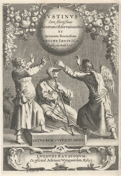 Minerva en twee geketende figurer Titelpagina voor: A. Thysius, Justinus med de mest udvalgte forskellige observationer og en detaljeret gennemgang, 1650 af Reinier van Persijn