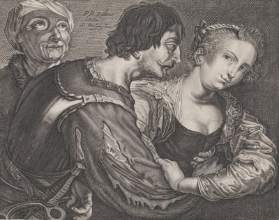 Indkøberen: en gammel kvinde, en soldat og en kvinde, ca. 1635-68. af Reinier van Persyn