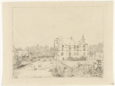 Set fra siden af ​​Cannenburch-slottet med huse ved indgangsbroen af Reinierus Albertus Ludovicus baron van Isendoorn à Blois