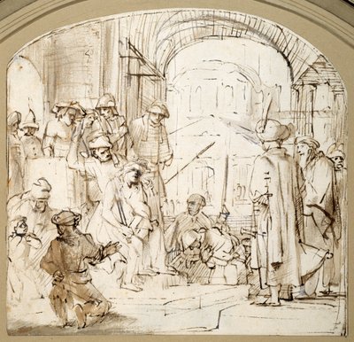 Christ Mocked (pen og blæk med vask på papir) af Rembrandt Harmensz. van Rijn (school of)