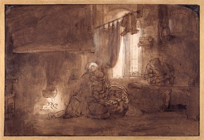 Den hellige familie i tømrerværkstedet (pen & blæk med vask på papir) af Rembrandt Harmensz. van Rijn (school of)