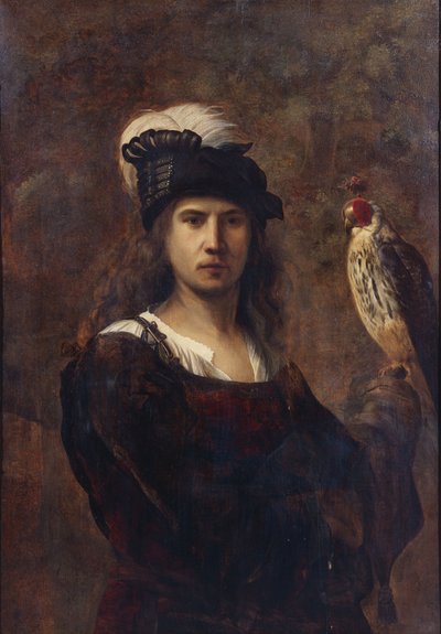 Falkoner med falk og fjerhat af Rembrandt van Rijn