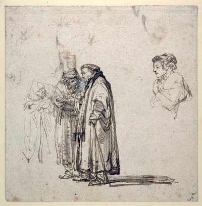 En gruppe ældre lærde og hver for sig en yngre mands profil (pen & brunt blæk med vask & gouache på papir) af Rembrandt Harmensz. van Rijn