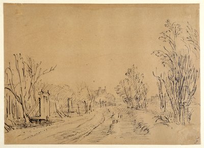 En hovedvej, der fører til et hus gennem træer (to broer og portadgange til dijken) (pen og blæk på brunt papir) af Rembrandt Harmensz. van Rijn