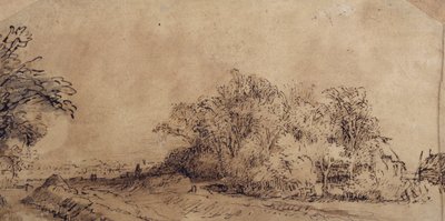 En ujævn vej langs diget med træer, der skjuler en bondegård (pen og blæk med vask på papir) af Rembrandt Harmensz. van Rijn