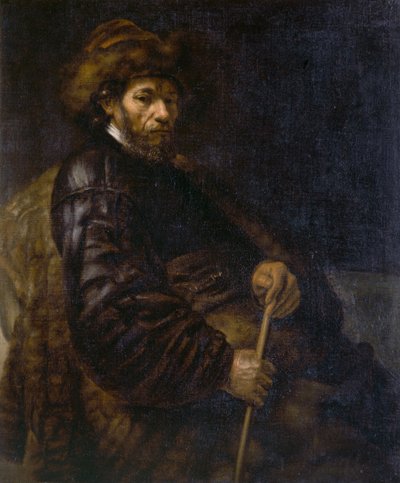 En siddende mand med en pind (olie på lærred) af Rembrandt Harmensz. van Rijn