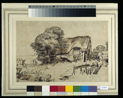 Et stråtækt sommerhus ved et stort træ, en figur siddende udenfor, ca. 1648-52 (pen og blæk på papir) af Rembrandt Harmensz. van Rijn