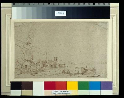 En vindmølle og en gruppe huse, ca. 1652-53 (rørpen & blæk med vask på papir) af Rembrandt Harmensz. van Rijn