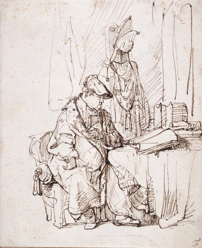 En skuespiller i sit omklædningsrum (pen og brunt blæk på hvidt papir) af Rembrandt Harmensz. van Rijn